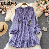 Women French Print Dress Long Sleeve V Neck A-line Ruffles Dresses 2022 Autumn Bohemian Casual Vacation Short