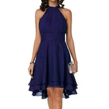 New Fashion Pure Color Temperament Women's Sexy Out-Shoulder Sleeveless Round Collar Micro-Folding Waist Repair