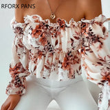 Women Lace Off Shoulder Floral Print Frill Hem Ruched Top Blouse Womens Tops and Blouses-Outfit