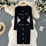 Fashion Women Sweater Dress V Neck Chain Long Sleeve Bodycon Dress Female Elastic Waist Solid Warm Knitted