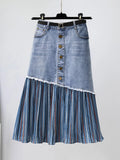 Women's Denim Skirt High Waist Patchwork Irregular Pleated Colored Stripes Long Skirts 2024 Summer New Fashion 29L6536-Outfit