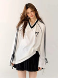 Stripe Bow Oversized V-neck Black Jersey Long Sleeve Top-Outfit