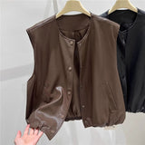 Collar Solid Color Sleeveless Leather Vest Coat Women's Autumn 2025 New Korean Fashion Stacked On The Kan