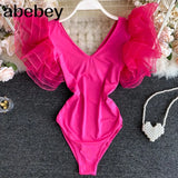 Women Girl Soild V Neck Mesh Ruffle Lotus Leaf Sleeve Bodysuits Swim Beach Holiday Bodysuit Rompers
