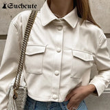 SUCHCUTE Streetwear Fashion Cropped PU Leather Jackets 90s Outfits Buttons Up Pockets Solid Basic Autumn Jacket Women's