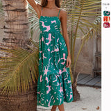 Vacation Fine Shoulder Strap Bare Back Print A Word Long Casual Swing Dress