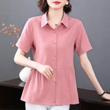 Women's Clothing Short Sleeve Shirt New Summer Loose Solid Color Blouse Lapel Button Shirring Fashion Elegant Office Lady Tops-Outfit