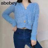 Fur Knit Cardigan Thin Sweater Coat Long Sleeve V-Neck Button Outfit Women Korean Cute Solid Pink White Crop Top