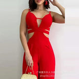 Piece Sets Women Sexy Sleeveless V Neck Hollow Out Splice Jumpsuits Sling Overalls Solid Wide Leg Long Pants Rompers 2023-Outfit