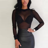 Toloer Elastic Tight Perspective Ultra Thin Sexy Mesh Bottom Shirt Transparent Long Sleeved T-Shirt Woman-Outfit