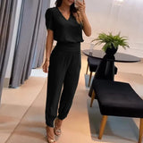 Trousers Suits 2023 New Women's Fashion Casual V-neck Printed Short Sleeve Tops And Pants Two Piece Set Woman