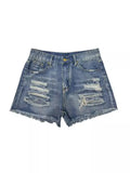 Women's Fashion Retro Do Old Loose Straight Tube Worn Denim Shorts-Outfit