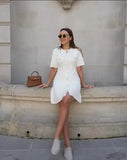 White Knit Short Sleeve Buttoned Mini Dress-Outfit