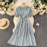 Boho Women Floral Printed dress V neck Puff-Sleeve dresses summer Ruffles beach midi
