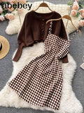 Winter Fashion Korean Set Women Long Sleeve Short Knit Cardigan+Sleeveless Plaid Strap Dresses Two Piece