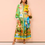 Toloer Women's Temperament Print Lantern Sleeve Belt Shirt Big Hem Dress