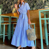 Toloer Spot 2024 New Fashion Stripe Short Sleeves Loose Medium And Long Dress-Outfit