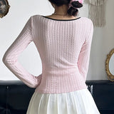 Toloer Sweet Girl Style Splice Color Long-Sleeved T-Shirt Square Collar Pleated Chest Bow Slim Slim Top-Outfit