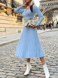 Knitted Dresses For Women 2022 Autumn Winter Long Sleeve Elegant Ladies Sky Blue Long Dresses V Neck Knitted Winer