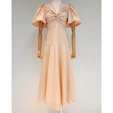 Casual Cut Out Dress For Women V Neck Short Sleeve High Waist Loose Solid Long Dresses Female Fashion Clothes