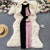 Summer Knitting Dress Women Patwork Casual Body-con Dress Pullovers Simple Step Maxi Long