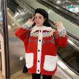 Women Christmas Jackets Knitting Lamb Wool Turn-down Collar Thickened Warm Sweater Cardigan Warm Loose