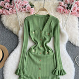 Toloer Fragrant Wind Dress Women's Autumn And Winter Versatile Advanced Sense V-Collar Metal Buckle Slim Show Thin Flounce Knit