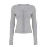 2025 New Simple Solid Color Lace Splicing Casual Buckle Knitted Long-Sleeved T-Shirt