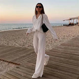 Lady Sexy Suit Two Pieces Outfits Long Sleeve Suit Collar Jacket Coat Casual Wide Leg Trousers Set Suits 2022 Women