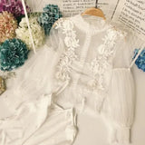Women Tops Fashion Sexy Sheer Lace Blouse Lantern Sleeve 3D Floral Blouses Shirts Elegant Top Blusas