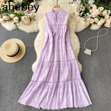Dress Women Summer Sleeveless Mid-calf Dress Solid Lace-up V-neck Loose Waist Embroidery Hollow Beach Holiday