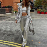Toloer Trend Windproof Women's Pants New Fall 2023 Silver Elastic Waist Loose Straight Leg Show Thin Wide Leg Pants-Outfit