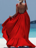 Summer New Women's Dress Fashion Suspender Beach Skirt Loose Solid Color Lace Open Back Large Swing Women's Long Dress