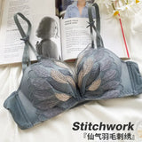 Lace Embroidery Feather Underwear Wireless Sexy Deep V Push Up Bra Set Small Breasts Thicken Brassiere and
