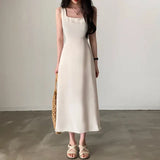 Toloer Chic Summer French Hepburn Wind Square Collar Dew Collarbone Waist Show Thin Big Pendulum A Line Dress Woman-Outfit