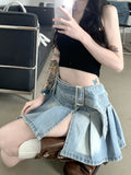 Pleated Denim Mini Skirt Women Vintage Y2k Summer Sexy Slit Belt Patchwork Low Waist Jean Skirt Casual Korean
