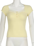 Sweet Solid Lace Trim T Shirt Casual Slim Square Collar Short Sleeve Tees Women 2024 Summer Fashion Streetwear Ladies 1028-1-Outfit