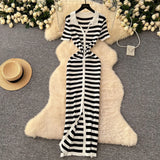 Chic Vintage Collar Single Buckle Began Striped Knitted Dress Female Thin