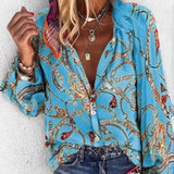 Lady Vintage Blouse Women Spring Autumn Chain Print Long Sleeve Loose Shirt Tops Single-breasted Overtsized