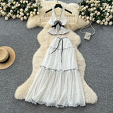 Holiday Suit Female Summer Sexy Hanging Neck V Neck Bare Back Chiffon Top High Waist Half Skirt