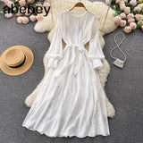 2022 Summer New Lace Embroidery Dress Women Long Sleeve Dresses Female Vintage Party Beach Maxi Long