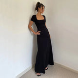 Bodycon Midi Dress Women Summer Korean Short Sleeve Square Collar A Line Dress Y2K Solid Elegant Club Party Vestidos-Outfit