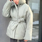Stand Collar Parkas Women Fashion Tie Belt Loose Coats Women Elegant Spring Casual Long Cotton Jackets Female