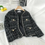 Tweed Plaid Cropped Jacket Women Spring Autumn Elegant Slim Long Sleeve Cardigan Coats Street Korean Fringe