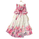 Spring Holiday Style Dress Woman 2025 New Shoulder Strapped Belt Waist Lantern Sleeve Print Chiffon Long