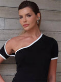 Black Contrast Seam One-Shoulder Short Sleeve Mini Dress-Outfit
