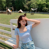 Toloer Floral Square Collar T-Shirt Female Summer 2023 New Korean Version Slim Slim Ins Fashionable Short-Sleeved