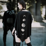 InsGoth Black Capes Coat Vintage Moon Print Gothic Loose Women Batwing Duplex Shawl Long Sleeve Cape Autumn Female
