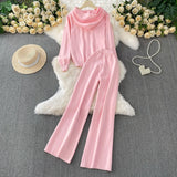 Wind Pink Tie With Thin Hooded Knitted Long-Sleeved Sweater High-Rise Broad Leggings Embroidery