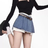 Patchwork No Belt Denim Skirts Y2K Summer High Waist Streetwear Irregular Mini Skirts Female Korean Tassels Jean Skirts-Outfit